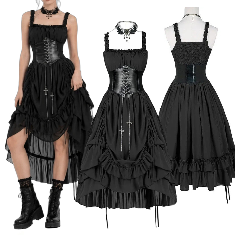 Vintage Fashion Dresses - 여성 고딕 드레스 코르셋 슬립 블랙