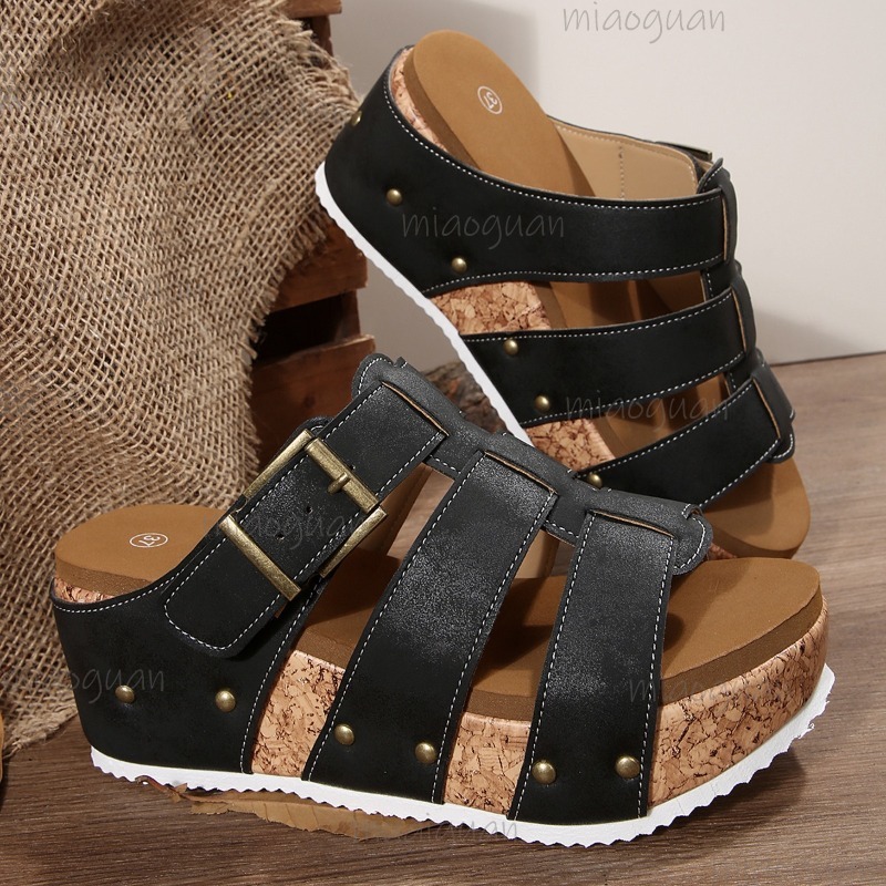 빈티지 버클 스트랩 웨지 슬라이드 샌들 여성용 오픈토  - Vintage Outdoor Fashion 리뷰 및 가격